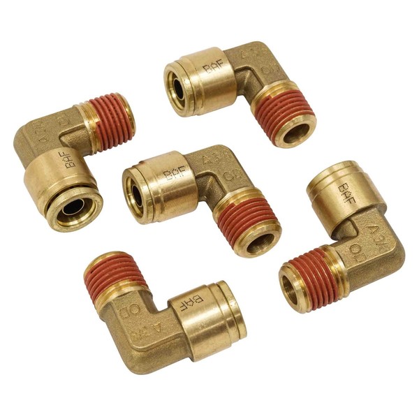 Mytee Products (5 Pack) DOT Brass Push to Connect Fitting Elbow - 3/8" Tube OD x 1/4" NPT Air Brake Line Fittings - 90 Degree Male Quick Fitting Connectors - for Nylon Air Line Brake Tube