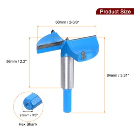 sourcing map Forstner Drill Bits 2-3/8 inch / 60mm Hex Shank 3/8 inch, Carbide Forstner Bit Woodworking Hole Opener Cutter Tool for Wood Drilling/Cabinet Hinges, Blue