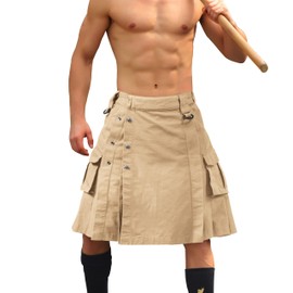 VATINNT Kilt for Men Scottish Tactical Kilt 23" Pleated Camo Kilt Irish Highland Utility Kilt with Cargo Pockets 0911 Khaki 34