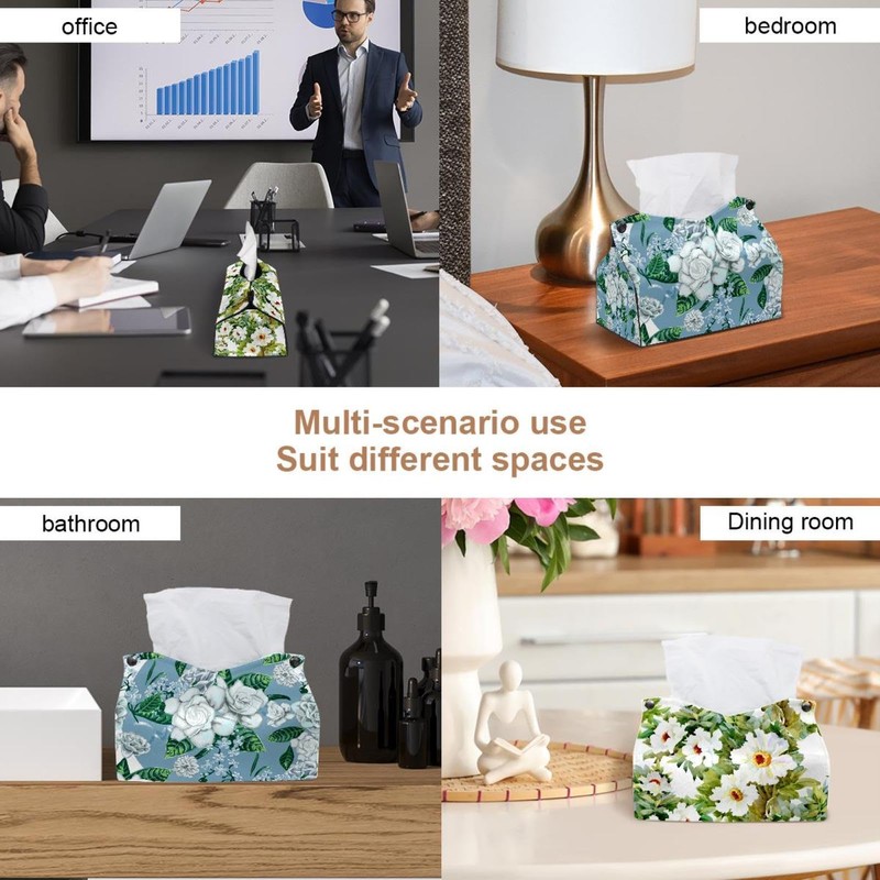 2 Pack Tissue Box Cover Holder, White Gardenia Rectangle Leather