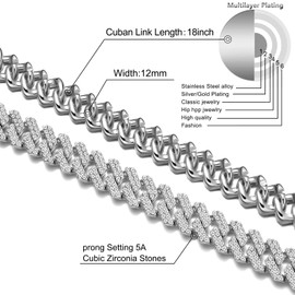 HDMENC Mens and Womens Miami Cuban Link Chain Necklace 12mm Diamond Prong Cuban Chain 18/20/24inch Length Hip Hop Jewely, 18 inch, Gold Plated