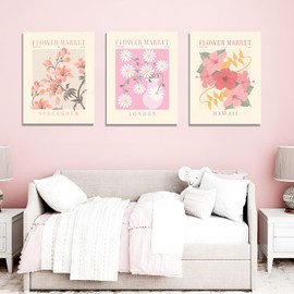Goipwss Framed 3 Piece Pink Flower Market Wall Art,Abstract Aesthetic Vintage Matisse Pictures Wall Decor Cute Prints Modern Minimalist Paintings Artwork for Living Room Bedroom Bathroom 12x16 in