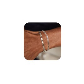 JEMARA Bracelets for Mens,2pcs Men's Silver Bracelets Set Sturdy Curb Width Figaro Cuban Link Chain Bracelet Adjustable Stack Silver Bracelet for Men Bracelet Homme 20+5CM