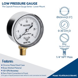 SENCTRL 0-30 Inches of Water Column Gauge, Low Pressure Capsule Gauge, 2-1/2" Dial Size, 1/4" NPT Lower Mount, Zero Adjustment, for Air Water Gas Pressure Test