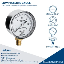 SENCTRL 0-30 Inches of Water Column Gauge, Low Pressure Capsule Gauge, 2-1/2" Dial Size, 1/4" NPT Lower Mount, Zero Adjustment, for Air Water Gas Pressure Test