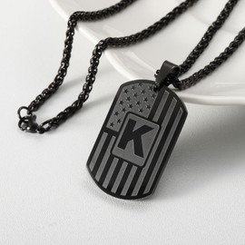 Kalanophel L Initial Letter Necklace for Men, American Flag Dog Tag Military Pendant Chain Husband Boyfriend Him Valentine's Day Birthday Anniversary Jewelry Gift Black