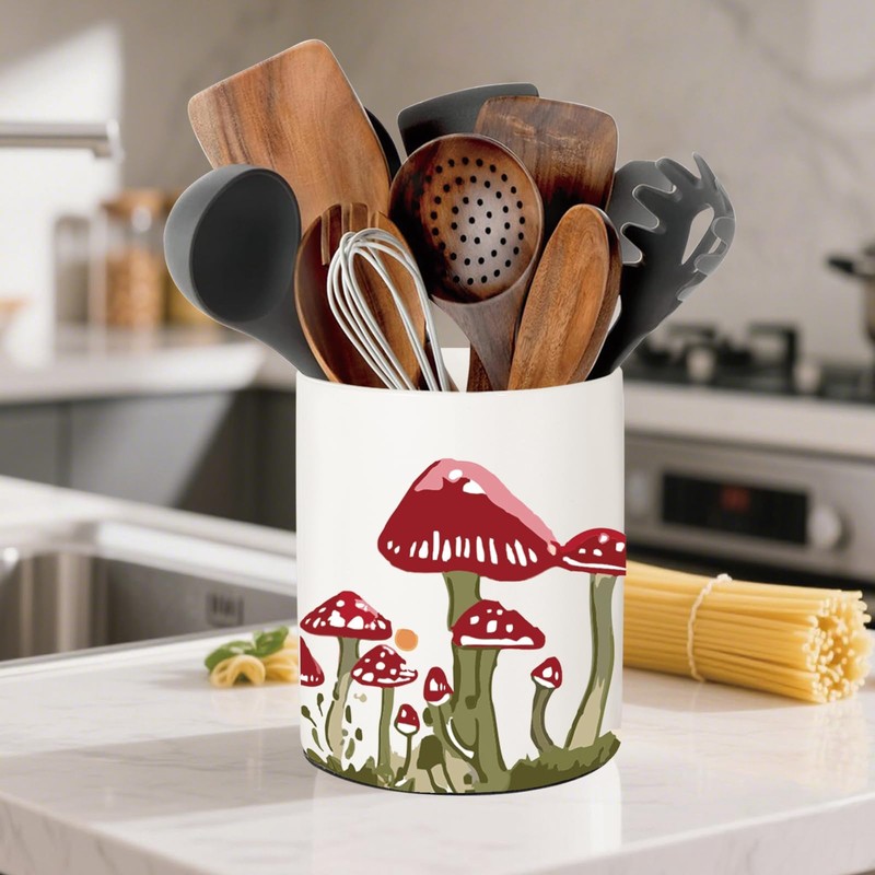 BOXJINCO Mushroom Kitchen Decor, Ceramic Utensil Holder Bee Decor, 6.5