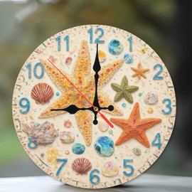 Beach Decor Starfish Seashell Wall Clock Ocean Theme Home Decor 10-Inch Wooden Wall Clock, Silent Movement, Battery Operated (AA Batteries Not Included), Artistic Home Decor, Perfect for Home Accents