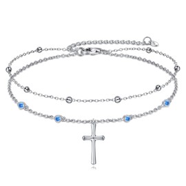 LUHE Cross Ankle Bracelets Sterling Silver Religius Double Chain Anklets Christian Baptism Layered Anklet Jewelry Gifts for Women