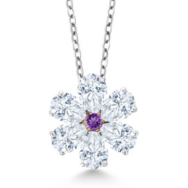 Gem Stone King 925 Silver and 10K Yellow Gold Purple Amethyst Pear Shape Flower Pendant with Chain Set with Moissanite (2.46 Cttw)