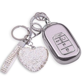Meruns For Honda key fob cover with Diamond Bling Keychain, Car Accessories Key holder Shell Full Protection for 2022 2023 2024 2025 Accord Civic HR-V CR-V Pilot,Silver Clear