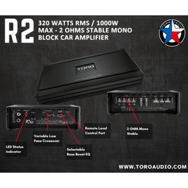 TORO TECH – R2, 1000 Watts MAX – 320 Watts RMS 2Ω Stable Monoblock Car Amplifier, Sound Quality Class A/B Design, Built-in Auto Sensing Turn-On, Subwoofer Amplifier