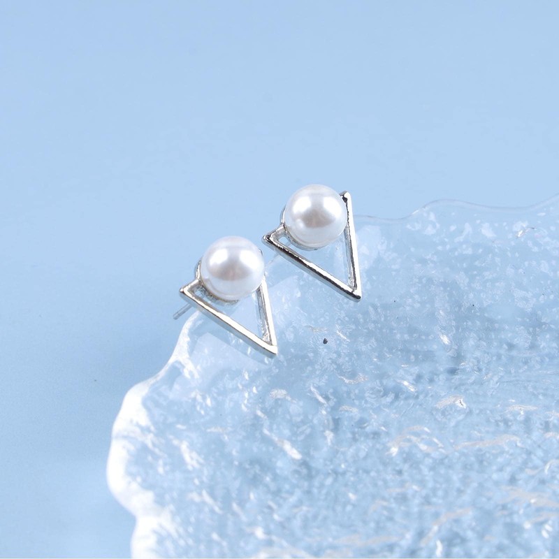 Allereya Vintage Pearl Stud Earrings Tiny Triangular Earrings Triangle Pearl