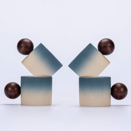 CLASGLAZ Ceramic Mini Espresso Cups Demitasse Cups with Round Wooden Handle Vertical Stripes Tea Cups (Beige&Blue, 4pcs)