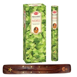 HEM Incense sticks PRECIOUS Patchouli Full box of 6 with DHS incense stick holder for Yoga, Meditation, Healing, Spirituality, Aromatherapy, Incense Spa and Relaxation…