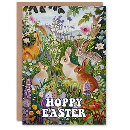 Artery8 Easter Card Hoppy Cute Bunny Rabbits in Flower Meadow For Her Gran Sister Niece Daughter Wife Woman Greeting Card