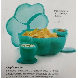 Tupperware Chip N Dip Salad Serving Bowl & 2 Dip Bowls - Aqua Teal Flower Shape