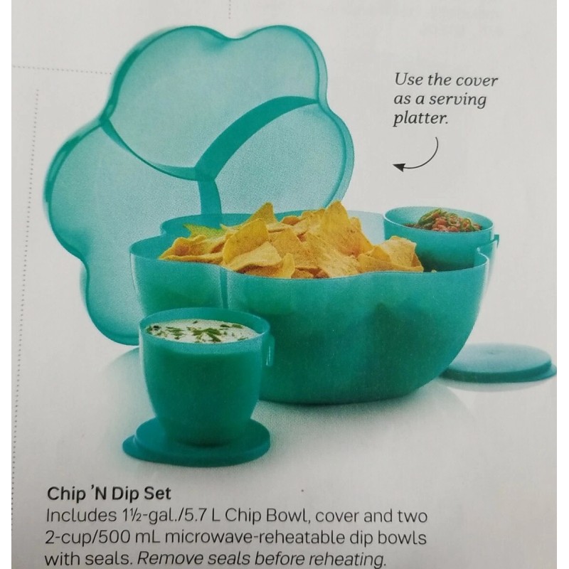 Tupperware Chip N Dip Salad Serving Bowl & 2 Dip