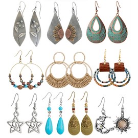 10 Pairs Boho Earrings for Women Dangle Teardrop Flower Earrings Set Trendy Bohemian Turquoise Raffia Rattan Jewelry Set