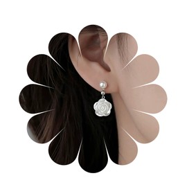 Cimenexe Bohemian Pearl Flower Earrings White Rose Flower Drop Earrings Enamel Rose Pearl Stud Earrings Camellia Dangle Earrings Jewellery for Women and Girls, Zinc, No Gemstone