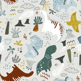 VEELIKE Hand Draw Dinosaurs Wallpaper Peel and Stick Removable Cute Grey Kids Wallpaper for Boys Room Playroom Classroom 17.7''x118'' Adhesive Dinosaurs Wall Décor Contact Paper for Cabinets Drawers