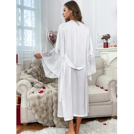 WADAYUYU Robes for Women Long Bride Robe White Satin Long Sleeve Spa Dressing Gown Bathrobe Bridal Nightwear, White 12, Small-Medium