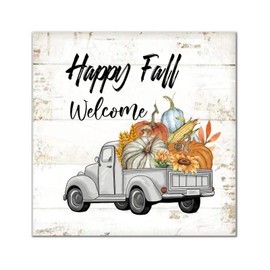 Happy Fall Pumpkin Grey Truck Welcome Wood Sign Classic Farm Sunflower Wall Plaque Harvest Thanksgiving Wall Decor Farmhouse Rustic Wooden For Kitchen Living Room Bedroom Home 14x14in