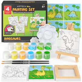 Arteza Kids Dinosaur Painting Kit, 4 Canvases, 3 x 3 in, 4 Easels, 12 Acrylic Paints, 2 Paint Brushes, 1 Palette, Kids Activities for Ages 6 and Up