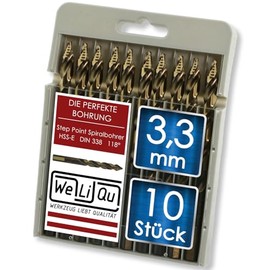 WELIQU HSS-E Cobalt Step Point Twist Drill Bit Diameter 3.3 mm Ground Self-Centering Metal Drill Bits 118° for Steel, Stainless Steel, Aluminium, Brass, Bronze, Cast Iron, Hardwood, Plastic, Pack of