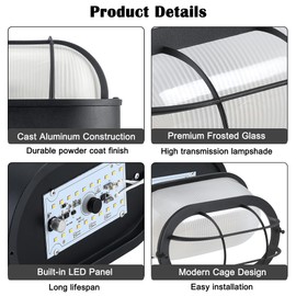 Kumtin Smart Outdoor LED Bulkhead Light Worked as Flush Mount Ceiling Light, 8.5'' Oval Sauna Lights, Wall Lantern, 6W 600Lumens 5000K Daylight, Dimmable, Aluminum Housing, Black, 1 Pack