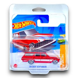Hot Wheels '64 Chevy Nova Wagon (Red & White) 3/5 HW Wagons - 2023-222/250 (Short Card) - COMES IN A KLAS CAR KEEPER PROTECTIVE COLLECTORS CASE - HKH70