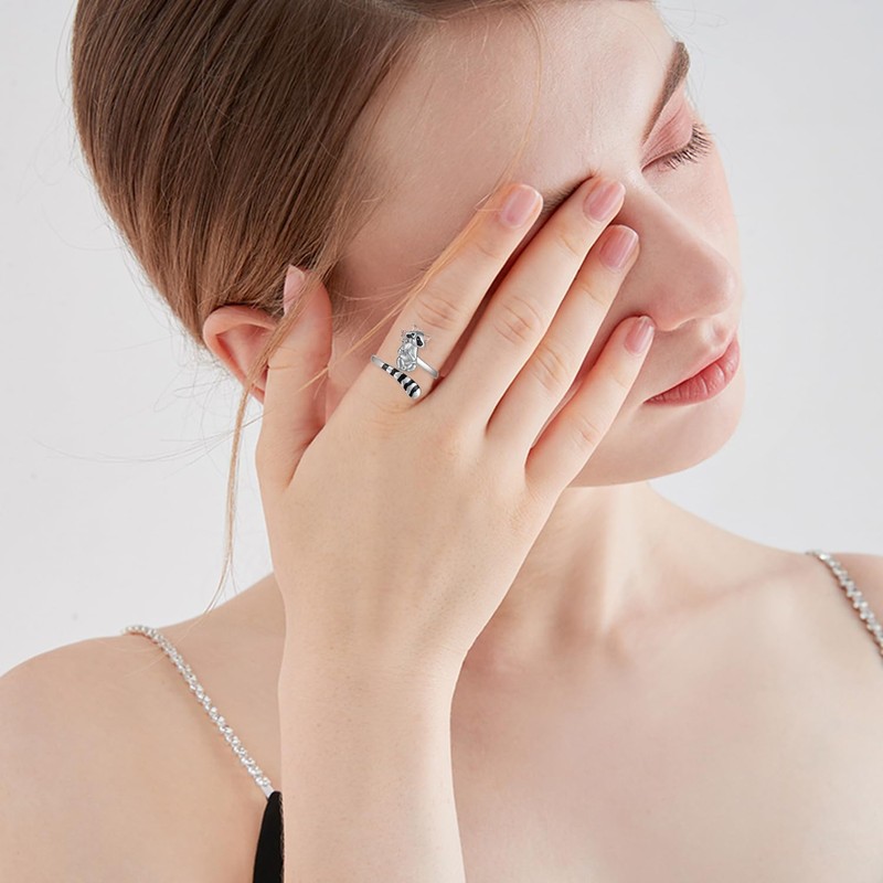 qielizhu Raccoon Ring 925 Sterling Silver Racoon Open Rings Adjustable