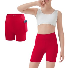 MEJING 5" Girls Volleyball Shorts with Pockets, Kids Biker Athletic Spandex Running Cheer Dance Yoga Gymnastics Shorts, Red, Large