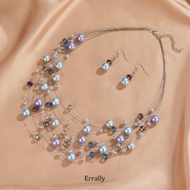 Layered Pearl Beaded Necklaces for Women Multi Layered Pearl Choker Necklace Boho Jewelry for Women Gifts for Mom(Blue and purple)