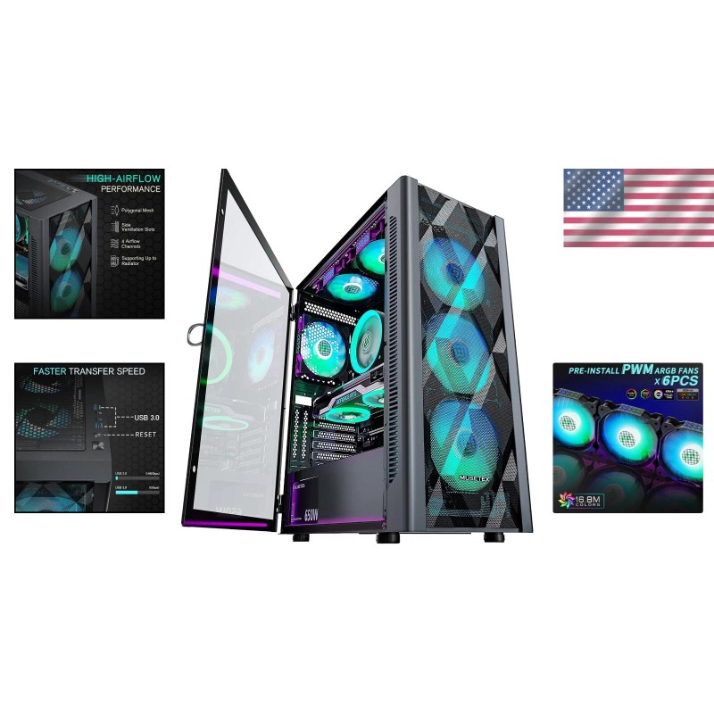 MUSETEX NN8 ATX Case with 6 Preinstalled PWM ARGB Fans,