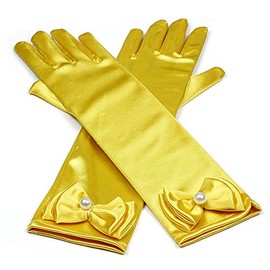 RUNHENG Kids Stretchy Satin Long Finger Dress Bowknot Gloves, 29cm (Golden Yellow)