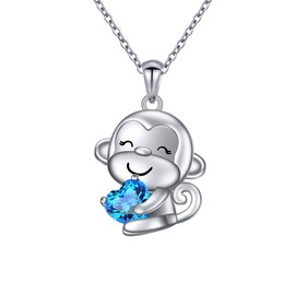 FLYOW 925 Sterling Silver Cute Animal Heart CZ Wise Monkey Hold Heart Charm Pendant Necklace Jewelry for Women Mom Friends Her, 18 inch