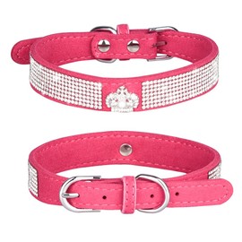 Avenpets Crown Rhinestone Dog Cat Collar Soft Suede Leather Collar Adjustable Full Shiny Rhinestone Dog Collar, Rose Red, S:10-12.5"(26-33cm) Neck