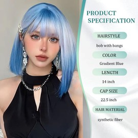Ombre Blonde Blue Bob Wig With Bangs 14 Inch Short Straight Bob wig for Women Short Bob Wigs Heat Resistant Fiber Synthetic Middle Part Cosplay Costume Party Wigs