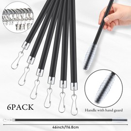 Shimeyao 6 Pack Stainless Steel Iron Curtain Pull Wand Universal Drapery Pull Rod Invisible Metal Drapery Wand with 5 Hooks and 5 Rings for Grommet Curtains Opening (Black,46 Inch)