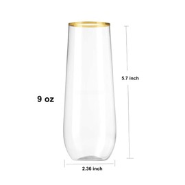 12 Pack Stemless Plastic Champagne Flutes 9 Ounce Gold Rim Clear Plastic Shower Cups Shatterproof Recyclable, Ideal for Mimosa Bar Supplies and Celebrations