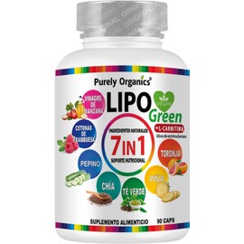 Lipo Green 7 en 1 | Vinagre de Manzana, Carnitina, Cetonas de Frambuesa, Té Verde, Chía, Extracto de Piña, Pepino y Toronja | Ingredientes 100% Naturales de Calidad | Suplemento Alimenticio Prémium | Purely Organics | 90 Cápsulas.