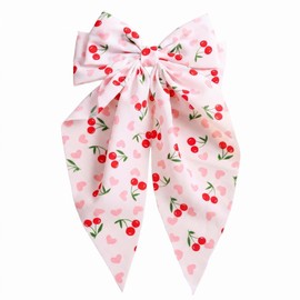 Cherry Print Bow Hair Clip, Sweet Fabric Long Tail Bow Barrette, Kawaii Cherry Themed Hair Accessories for Women, Cute Summer Clips for Birthday Party and Daily Wear Gifts