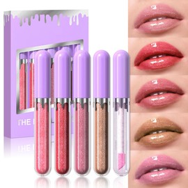 Hxssll 5Pcs Liquid Pearlescent Lip Gloss with Fine Glitter High Shine Liquid Lipstick Set, Non-Sticky, Long-Lasting, Nourishing Lip Plumper for Soft, Fuller-Looking Lips (Set 3)