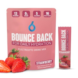 Bounce Back Daily Hydration - Electrolyte Powder Packets - No Sugar- 5 Calories, Organic, All in One Vitamin Stick Strawberry 16 Pack