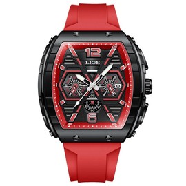LIGE High-Looking Luminous Waterproof Tonneau-Shaped Large Dial  Watch for Sporty Design Daily Wear Fashionable Style tiktok watches reloj Menquartz - Color: Red Black