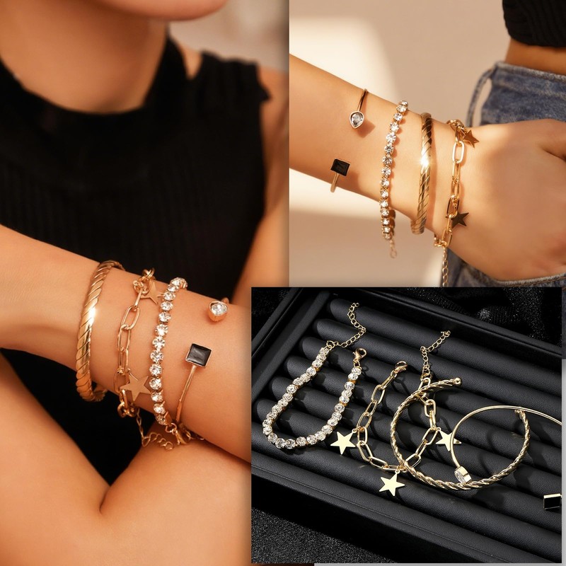 4 Pcs Gold Bracelet for Women, Dainty Sparkle Full Diamond