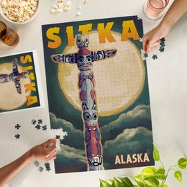 Lantern Press 1000 Piece Jigsaw Puzzle, Sitka, Alaska, Totem Pole and Full Moon