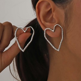 Xmsrn Vintage Irregular Heart Dangle Earrings Matte Large Heart Stud Earrings Open Heart Love Drop Earrings Silver Exaggerated Earrings Jewelry for Women and Girls
