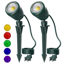 LED Outdoor Spotlights, 120V 5W Plug in Spot Light with 5 Lenses (Red Green Yellow Blue Purple), 360° Rotatable, 6000K, Waterproof Landscape Lighting for Flag Tree Garden, 2 Pack